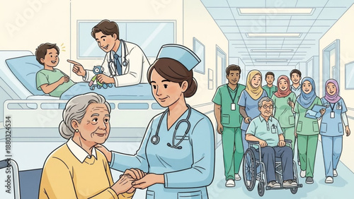 Nurse assisting elderly patient in hospital with medical team