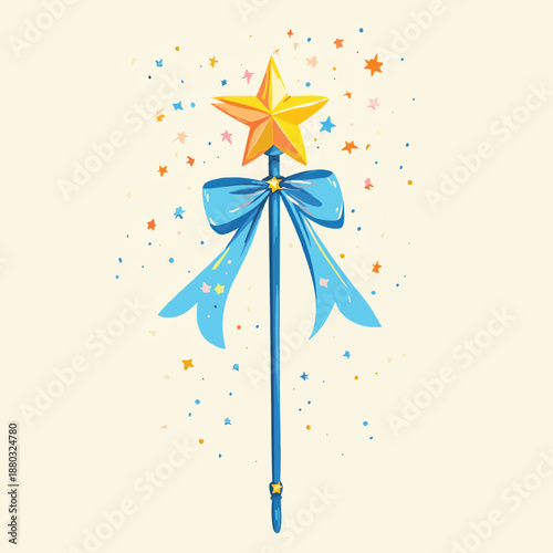 A whimsical magic wand adorned with a blue ribbon and star-shaped charm, perfect for imaginative play, storytelling, and creative adventures. , vector style simple color