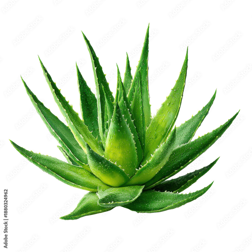 Fototapeta premium Vibrant green aloe vera plant with water droplets on black background succulent, Png Isolated On White, Transparent Background
