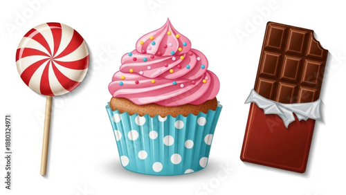 Colorful sweets and treats cupcake chocolate lollipop dessert