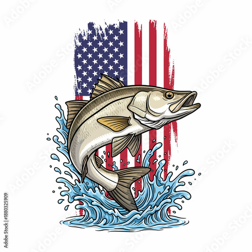 Snook fish jumping with american flag background and water splash