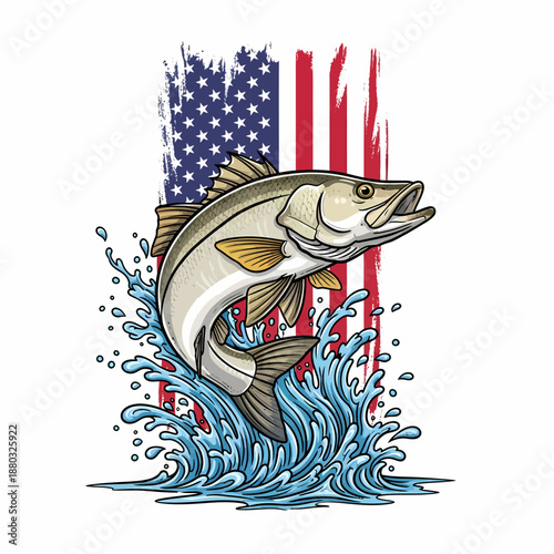 Snook fish jumping with american flag background and water splash
