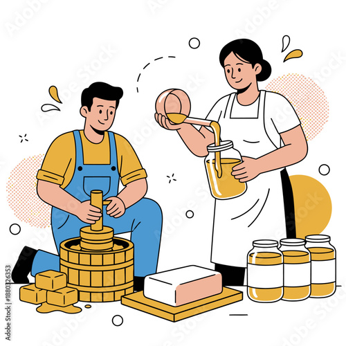 Farmers Producing Organic Butter and Traditional Ghee Using Handheld Tools and Glass Jars for Healthy Fat and Ayurvedic Cooking Industry in Modern Flat Vector Illustration Style