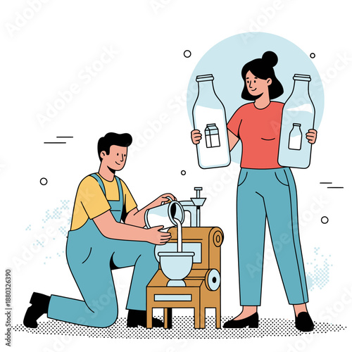 Farmers Processing Fresh Skimmed and Full Cream Milk Using Traditional Dairy Equipment and Glass Bottles for Organic Beverage Production in Flat Vector Illustration Style