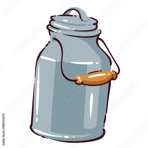 Vintage metal milk can with rounded body, side handles, tight lid, farm dairy container form, rustic household object. Milk can design with bold outlines, cartoon vector illustration.