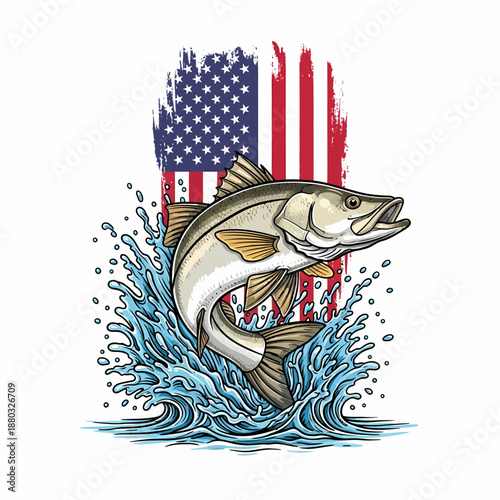 Snook fish jumping with american flag background and water splash