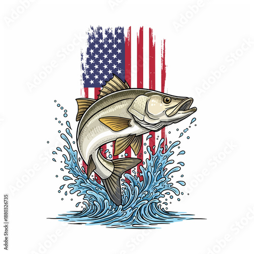 Snook fish jumping with american flag background and water splash