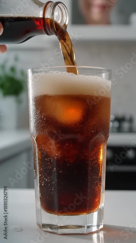 Wallpaper Mural A hand pours cola into a tall glass filled with ice cubes on a kitchen counter Torontodigital.ca