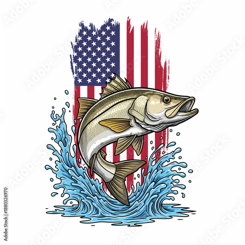 Snook fish jumping with american flag background and water splash