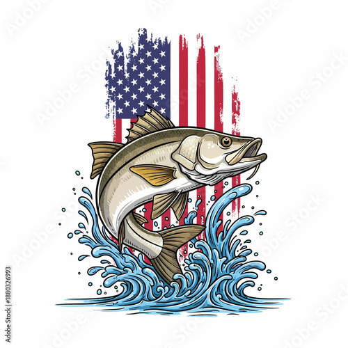Snook fish jumping with american flag background and water splash