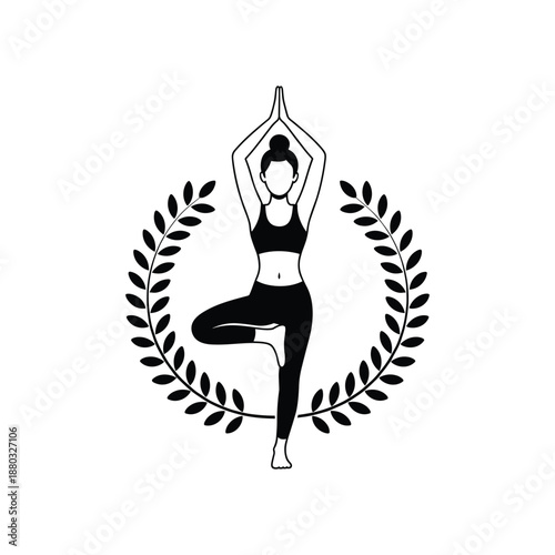 Yoga Pose Woman Silhouette with Laurel Wreath Black and White Vector Illustration