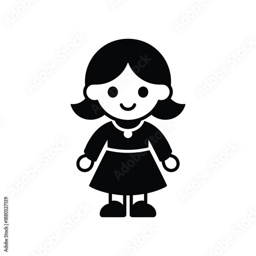 Cute Girl Character Icon – Simple Flat Cartoon Kid Silhouette Illustration on White Background