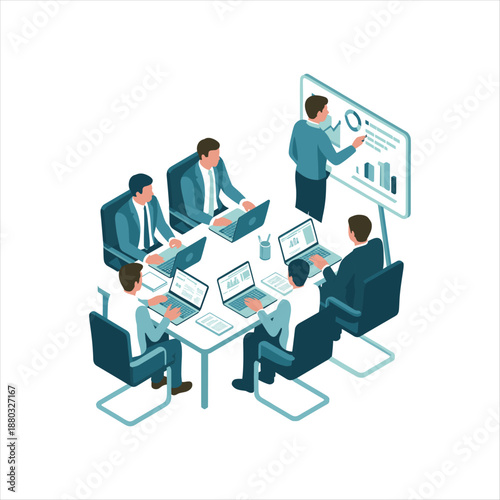 Isometric Business Team Meeting and Corporate Strategy Discussion Illustration