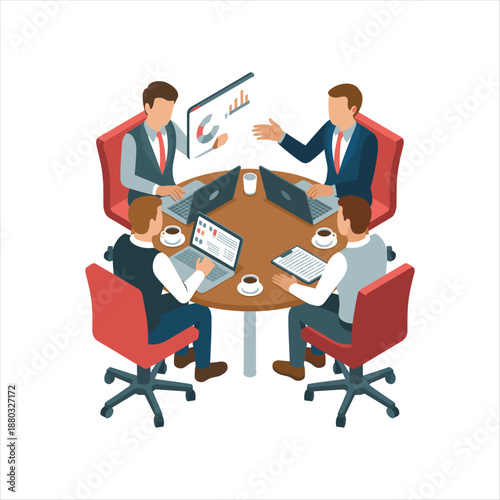 Business Team Discussion at Round Table Meeting Vector Illustration for Corporate Strategy