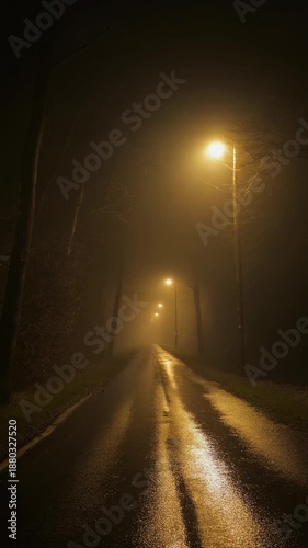 Wallpaper Mural A wet road stretches into the distance at night, lined with tall trees on either side and illuminated by streetlights casting reflections on the road surface in a rural or suburban area Torontodigital.ca