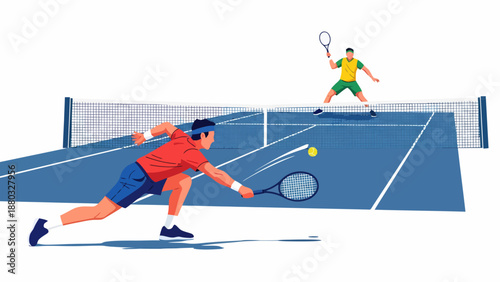 Two tennis players in intense match on blue hard court