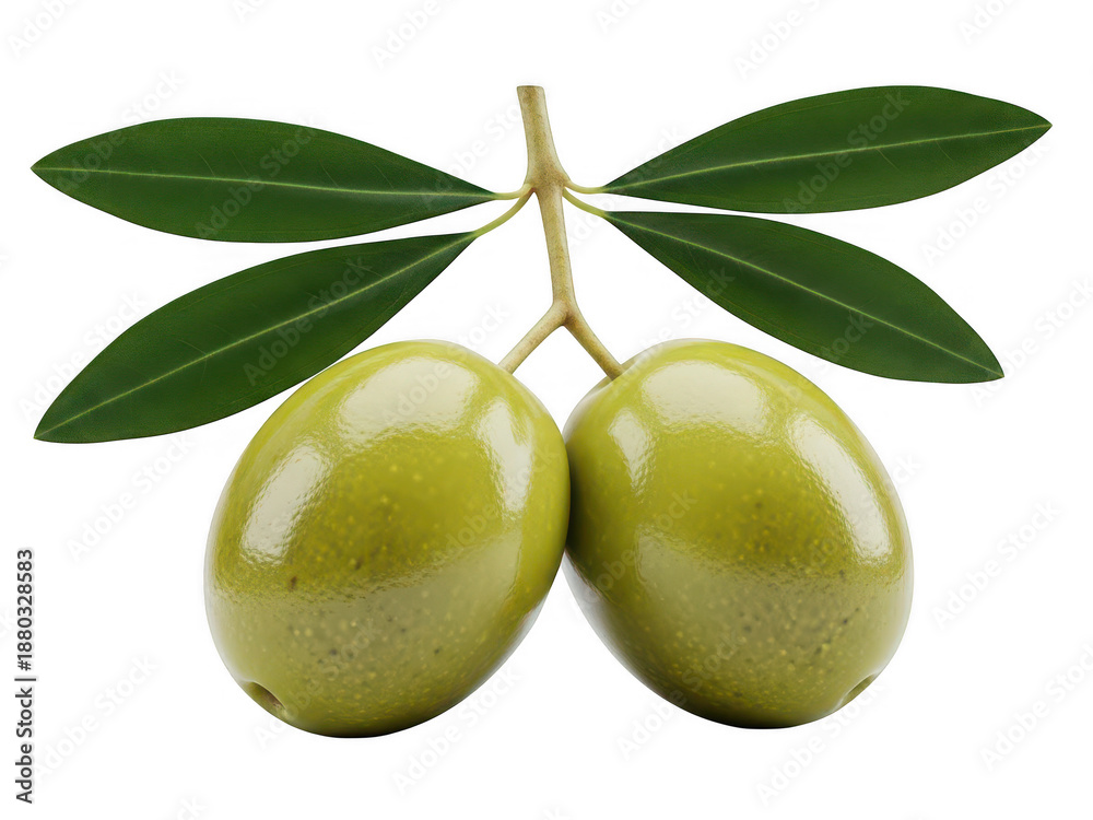 Obraz premium Two olives hanging with leaves, isolated on transparent background