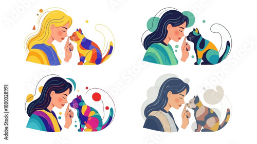 illustrations of women with cats in different colorful scenes