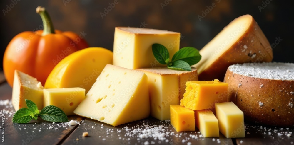 Fototapeta premium Assorted artisan cheeses, various textures & colors , creamy, nutty