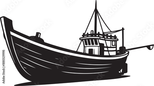 Black and White Illustration of a Fishing Boat Vessel