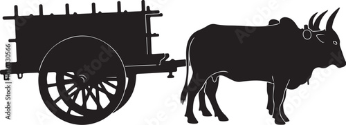 Black silhouette of ox pulling a cart isolated white