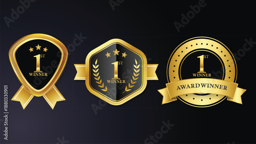 Assortment of golden first place award winner badges with elegant designs and ribbons