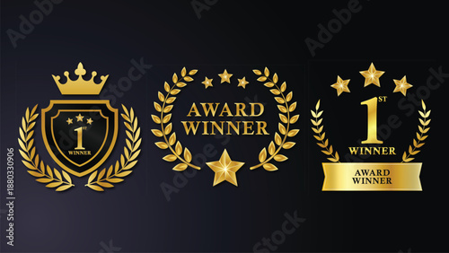 Set of first place award winner badges, golden emblems for achievement and success