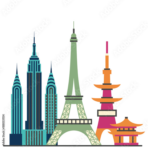 A vibrant illustration showcasing iconic global landmarks including the Empire State Building, Eiffel Tower, and Tokyo Tower, set against a clean white background.