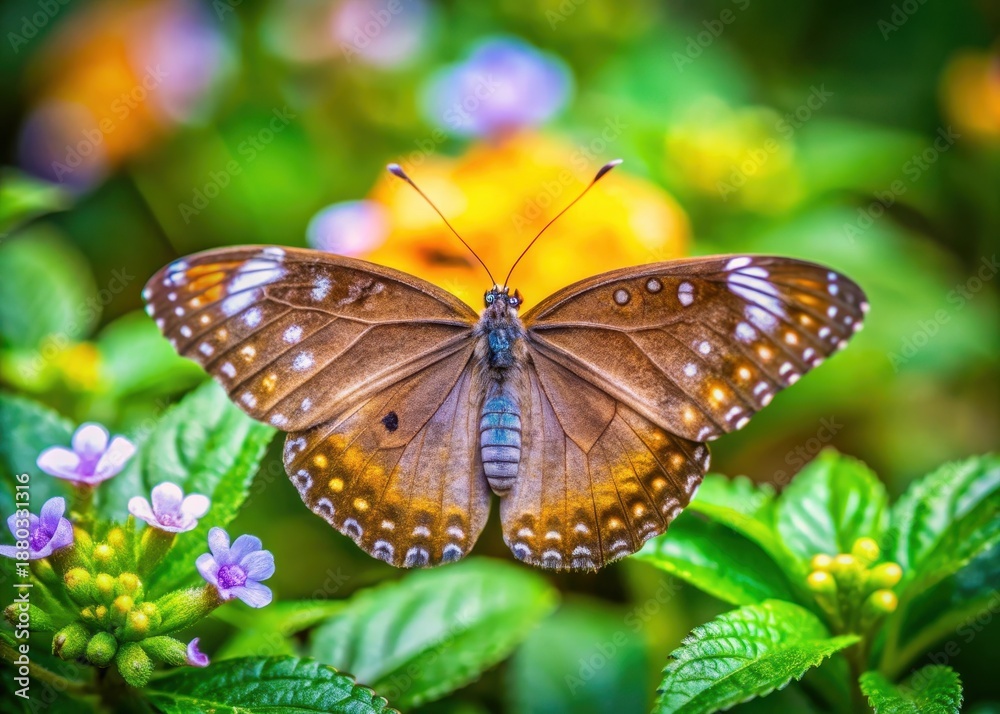 Obraz premium Tiny butterfly wings spread wide in a delicate dance amidst dew-kissed leaves