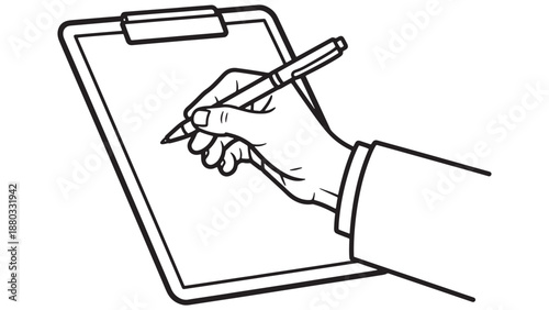 Hand signing medical clipboard consent form, vector line illustration of patient authorization, clinical documentation and recordkeeping