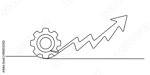 Continuous line drawing of a gear and an upward-trending arrow signifying process and growth Vector, illustration