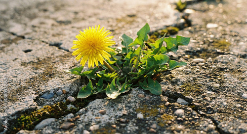 A close-up photo of a vibrant plant flowering in a concrete crack. A powerful visual metaphor for resilience, hope, and thriving in harsh environments against all odds.