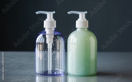 Wallpaper Mural Two Pump Dispenser Bottles One Clear With Blue Liquid One Green Liquid hygiene clean Torontodigital.ca