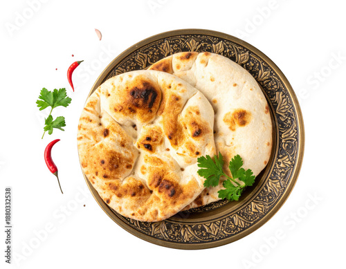 top view of pita bread with decorative plate for iftar, isolated on white background