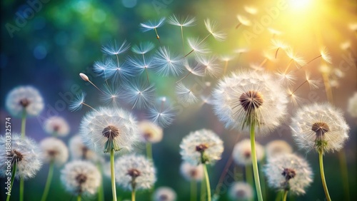 Abstract blurred nature background dandelion seeds parachute