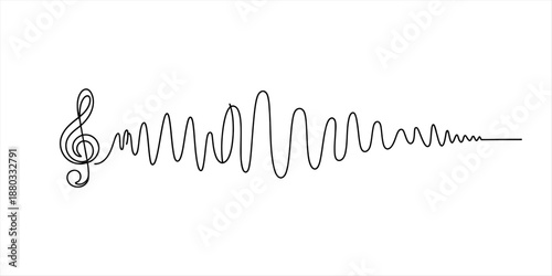 A continuous line drawing illustrating a musical sound wave originating from a treble clef Vector, illustration