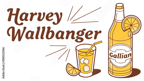 Retro Harvey Wallbanger Cocktail with Galliano Bottle and Typography, vintage-style illustration featuring the text "Harvey Wallbanger," a bottle of Galliano liqueur, and a prepared cocktail 