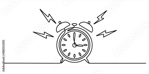 One continuous line drawing of an old-fashioned ringing alarm clock icon on a white background Vector, illustration