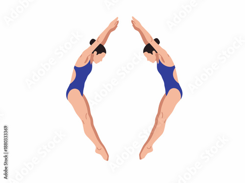 Professional female divers performing synchronized diving