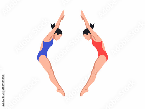 Two female athletes in synchronized diving position