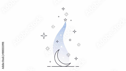 Whimsical crescent moon with stars and sparkles in night sky