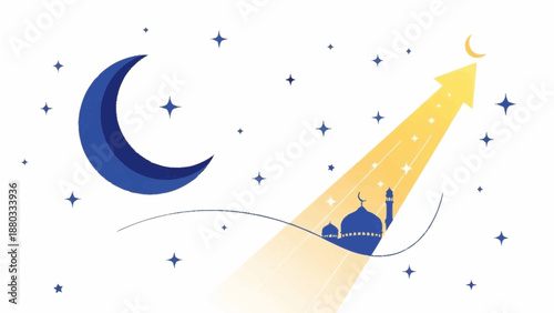 Ramadan crescent moon and mosque illustration with starry night sky