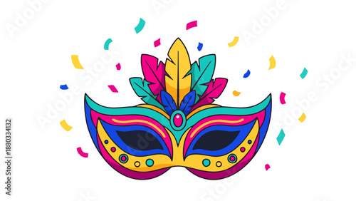 Vibrant masquerade mask surrounded by colorful confetti, symbolizing festive celebrations and cultural traditions