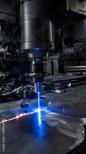 Industrial metal cutting machine operating with blue laser in factory