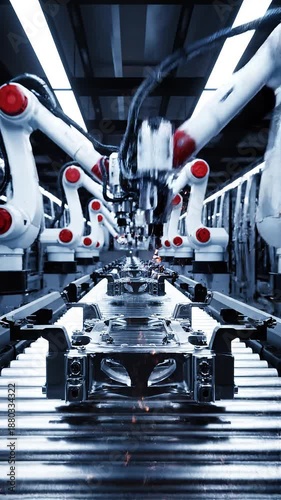 Industrial robots assembling on a production line in a factory with machinery and conveyor belts in the background, for manufacturing or technology use