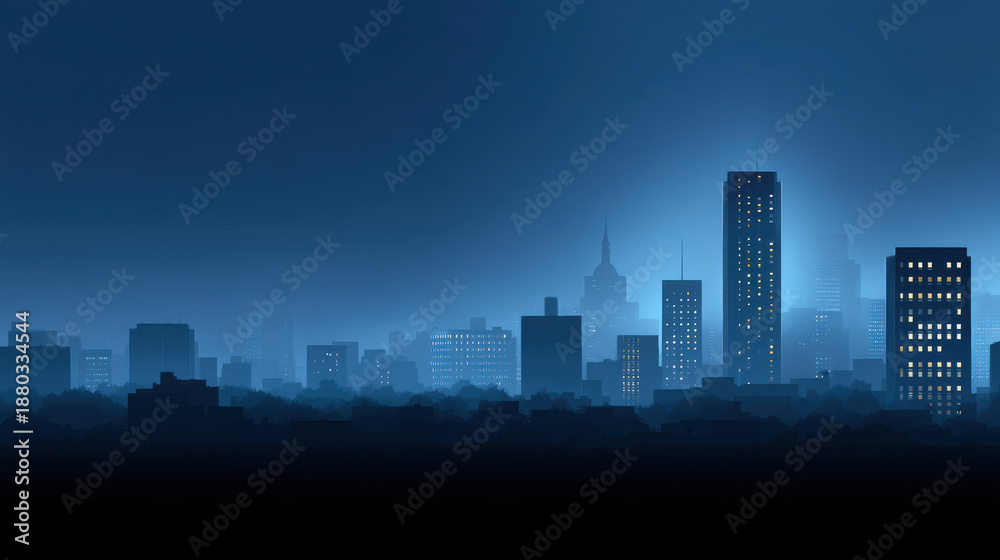 Obraz premium Night city skyline background with tall building, glowing window, urban silhouette, blue tone, peaceful atmosphere, modern architecture