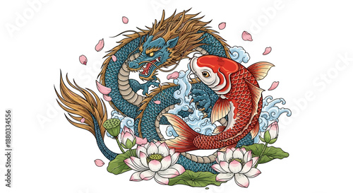 Traditional Japanese-style illustration featuring a fierce blue dragon and a graceful red koi fish