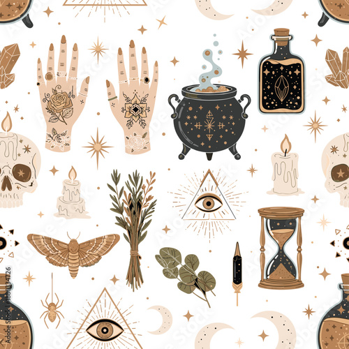 Mystical Witchcraft Seamless Pattern with Hands, Cauldron, Crystals, Skulls, Herbs, Candles, Symbols, and Esoteric Elements in Earthy Tones