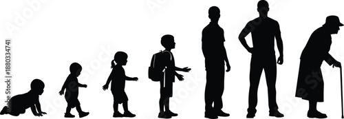 Silhouetted Journey Through Life Stages  From Crawling Infant to Elderly Adult Depicting Human Growth, Aging, and Developmental Transitions