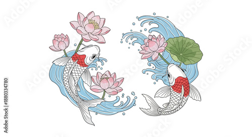 Elegant koi fish with lotus flowers and water splashes in a traditional Japanese art style for